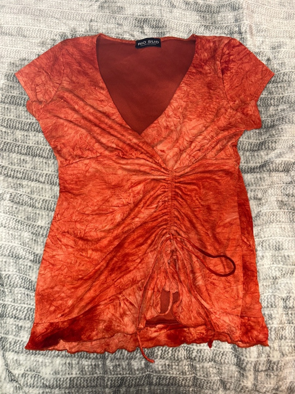 Red Crinkle Ruched V-Neck Blouse